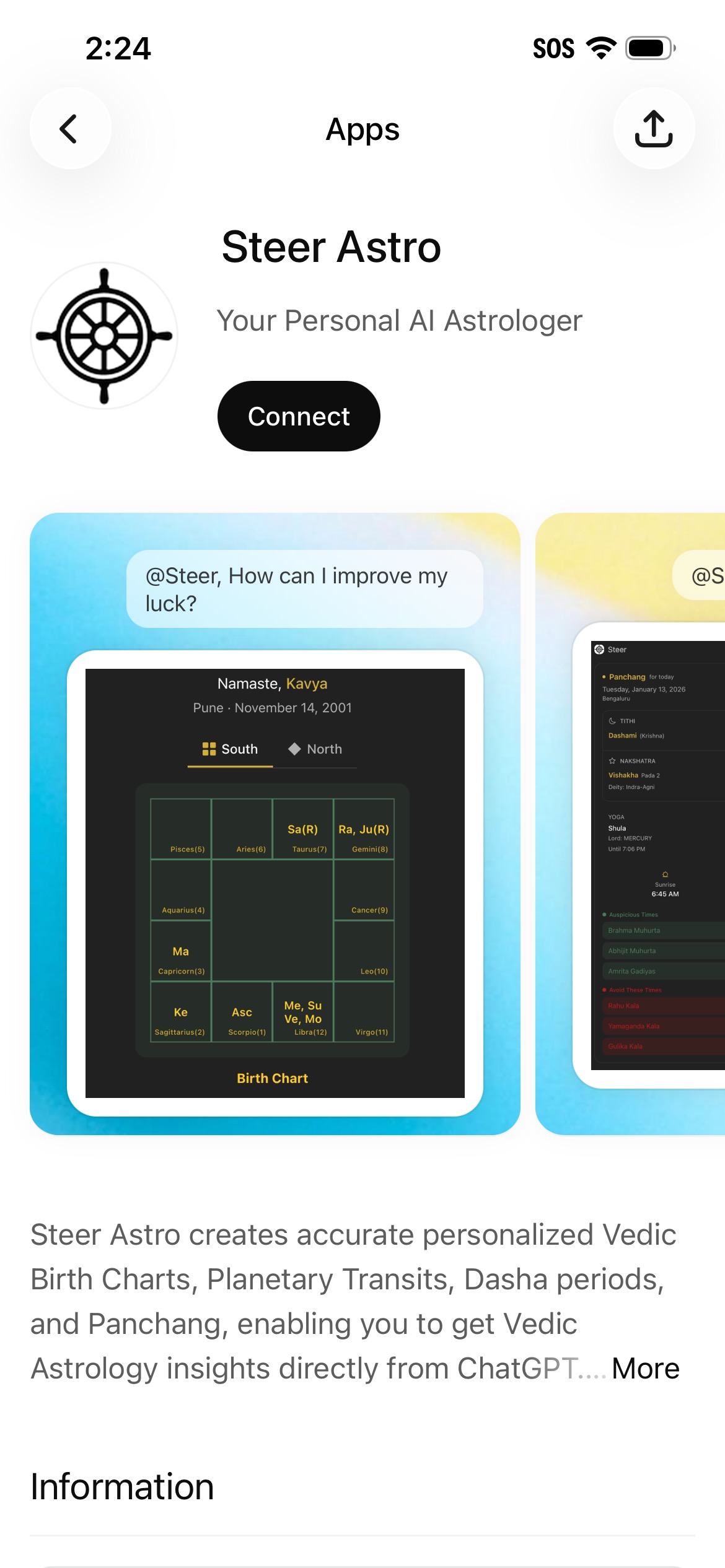 Steer Astro app listing in the ChatGPT app store showing Connect button