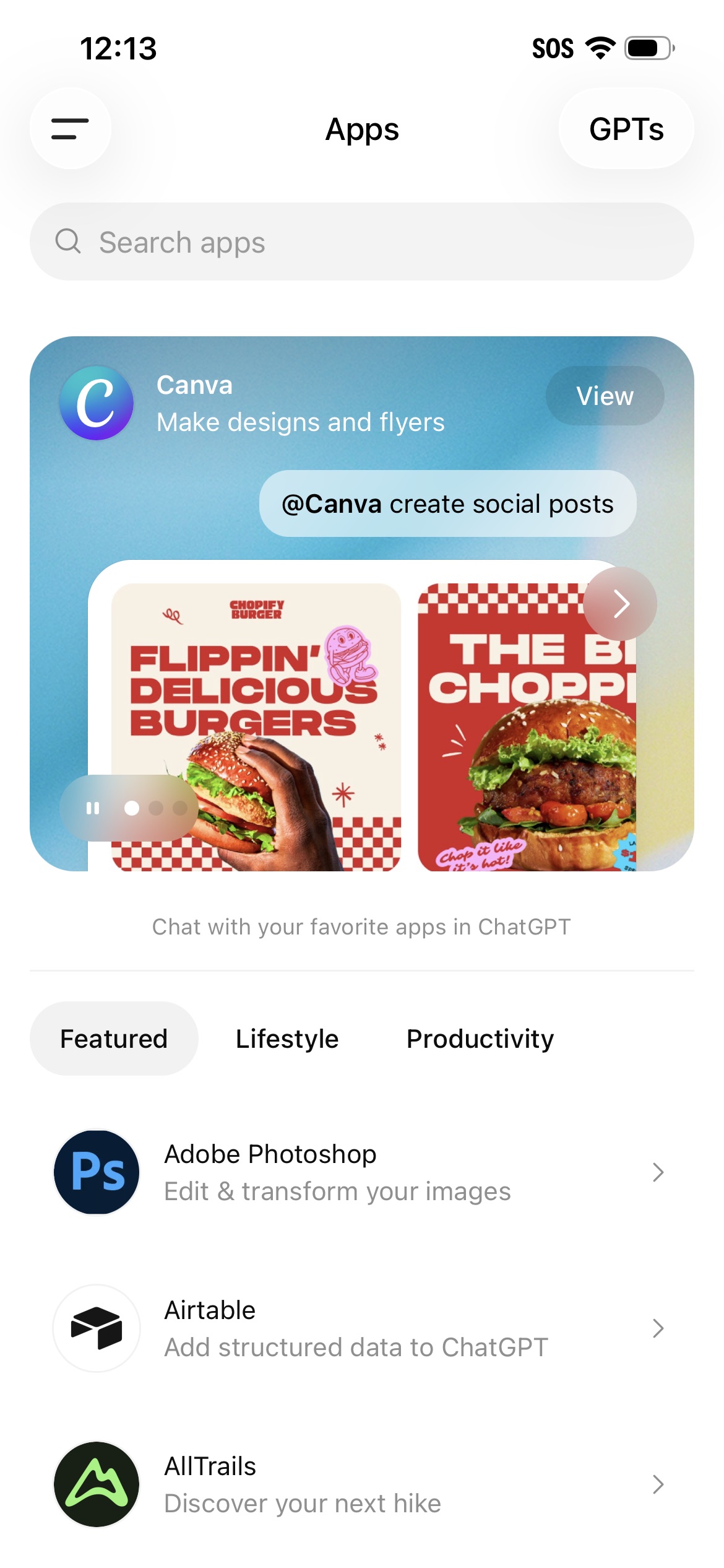 The ChatGPT Apps page showing the search bar at the top and a list of available apps