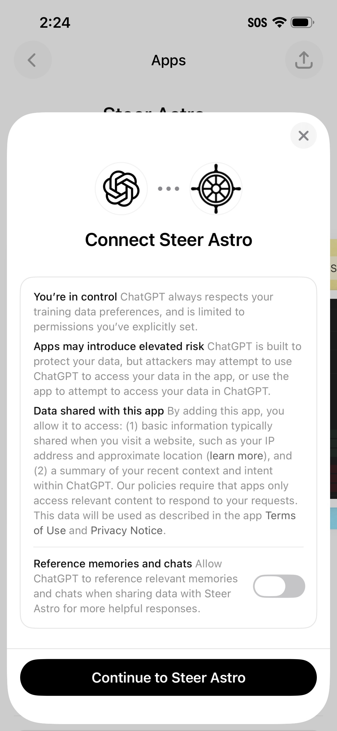 ChatGPT permissions screen for connecting Steer Astro app
