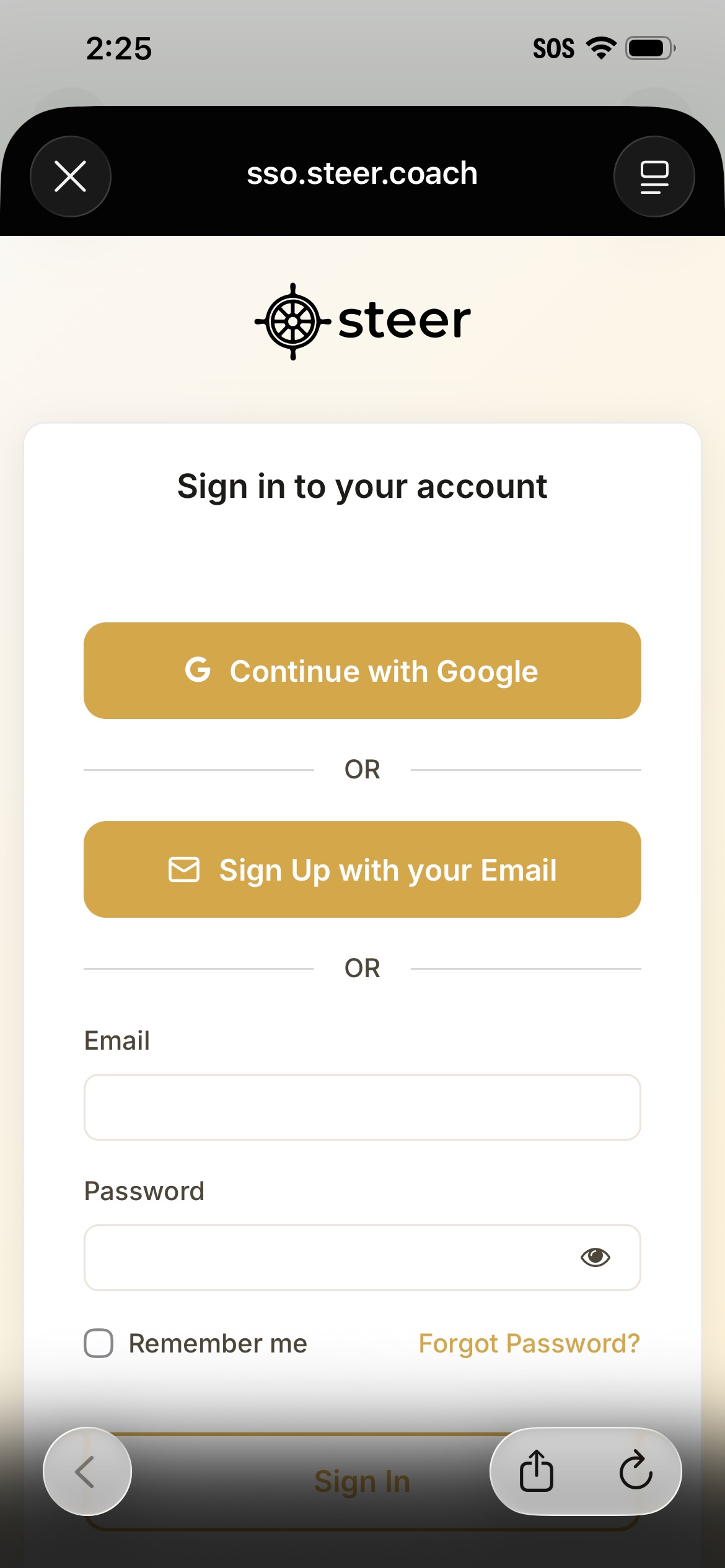 Steer sign-in page with Continue with Google and email options