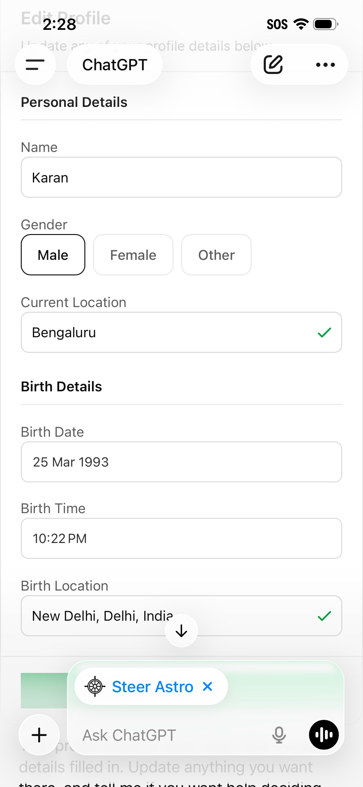 Steer Astro profile creation form with name, gender, birth details and location fields