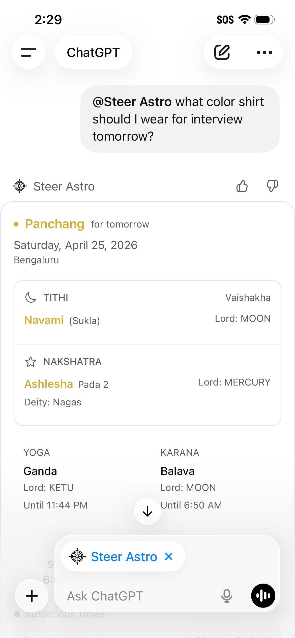 Steer Astro responding to a question with Panchang data including Tithi, Nakshatra, Yoga and Karana