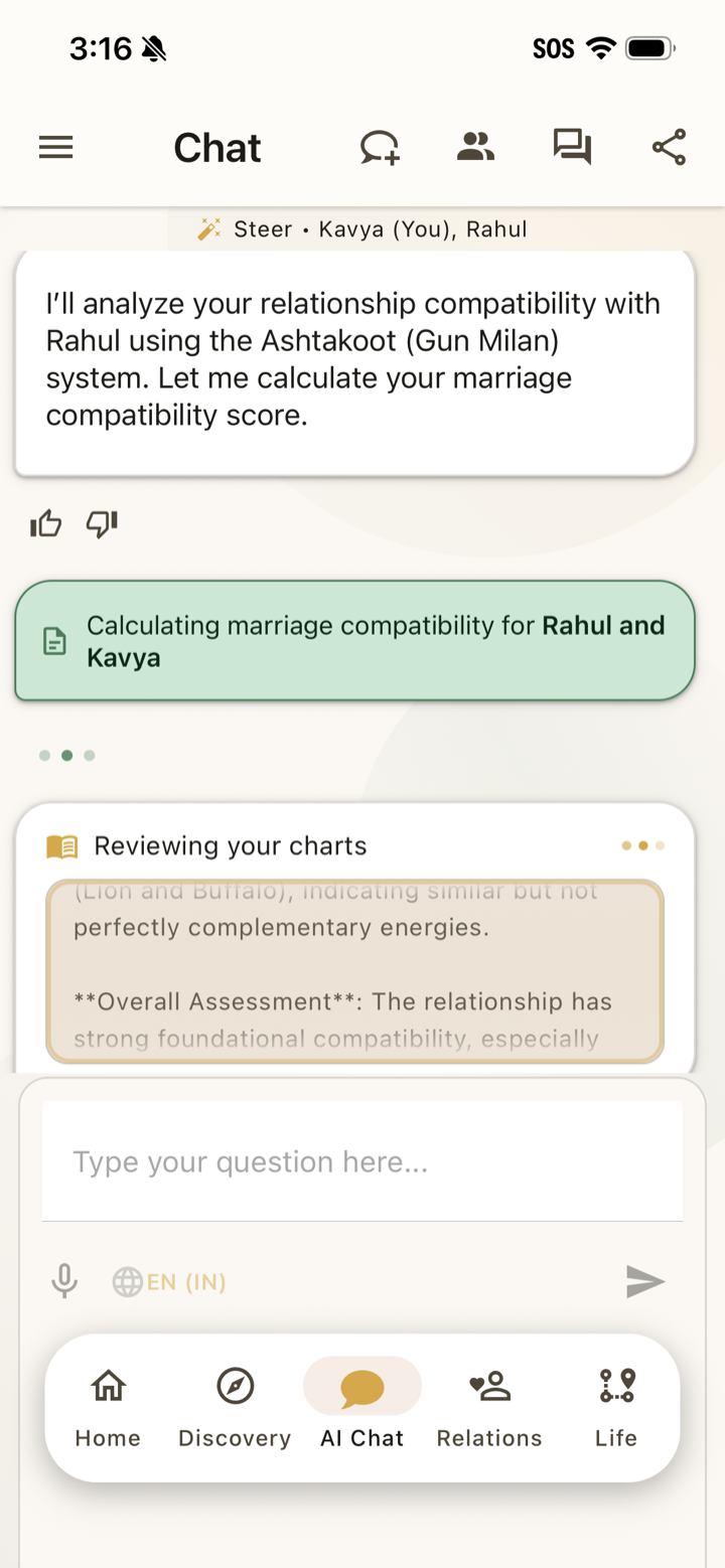 Steer app AI chat reading two birth charts together to assess marriage compatibility