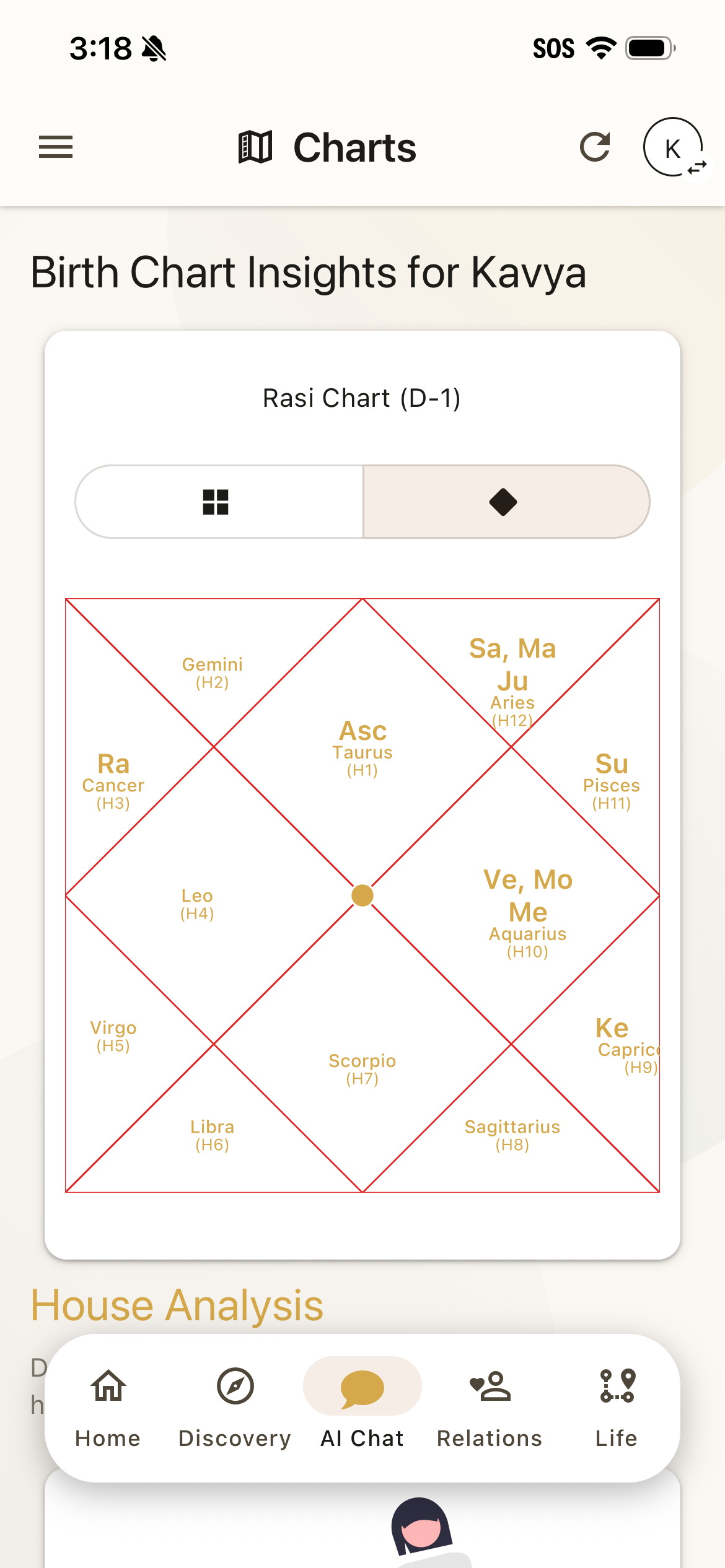 Vedic birth chart (Kundali) with planetary positions, houses, and nakshatras in the Steer app