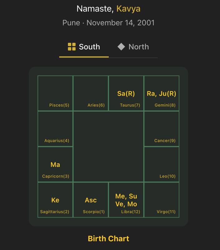 Vedic birth chart displayed inside a ChatGPT conversation via Steer Chat