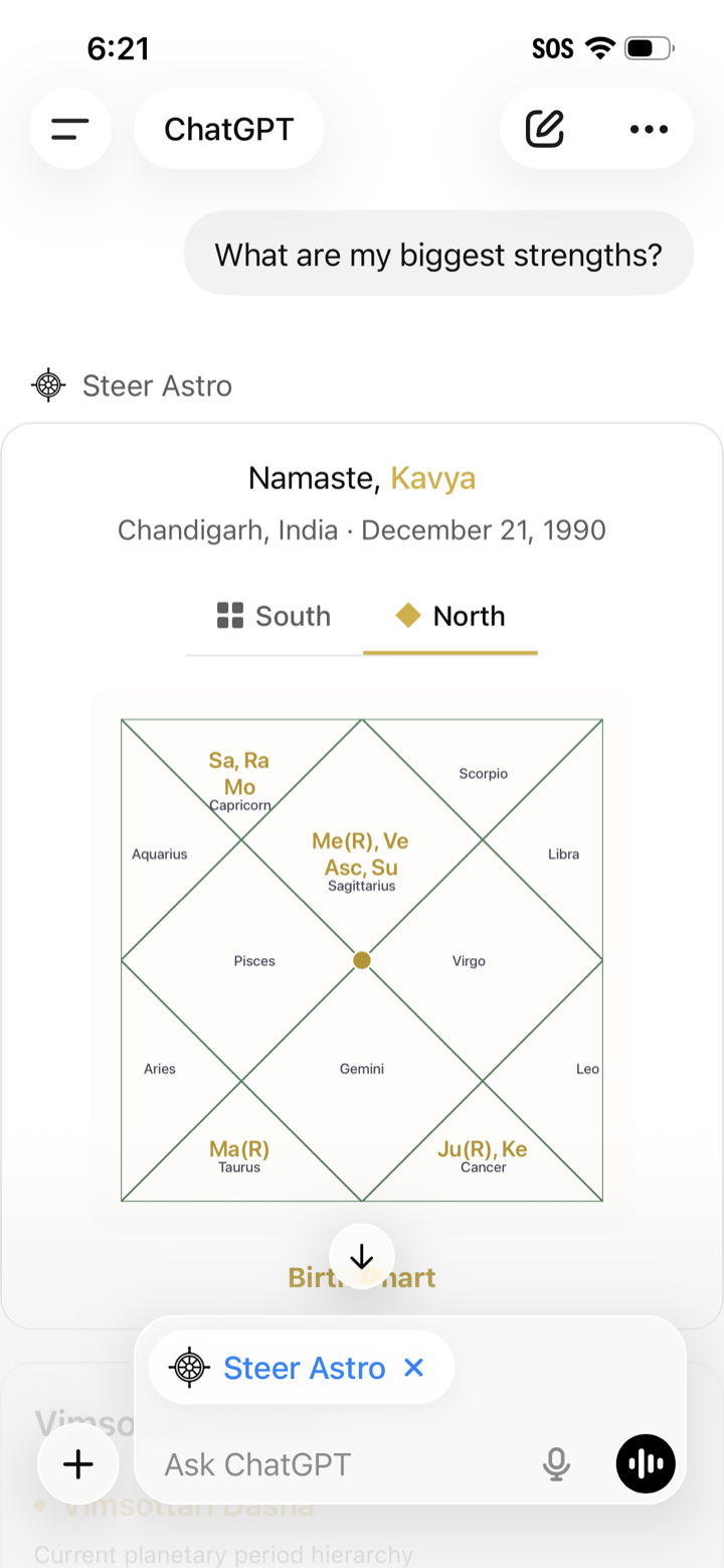 Steer Astro inside ChatGPT displaying a Vedic birth chart and reading